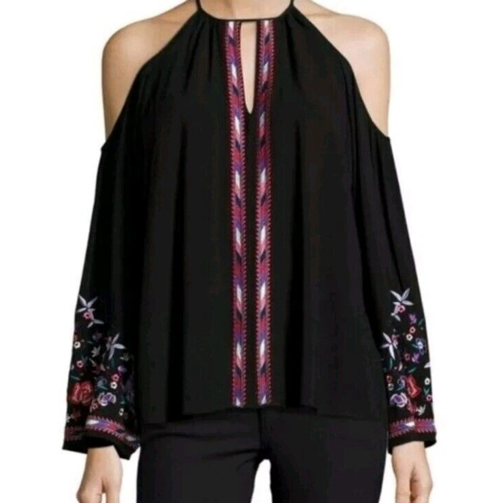 Parker Adelise Embroidered Blouse Cold Shoulder Halter Bell Sleeve Medium EUC‎